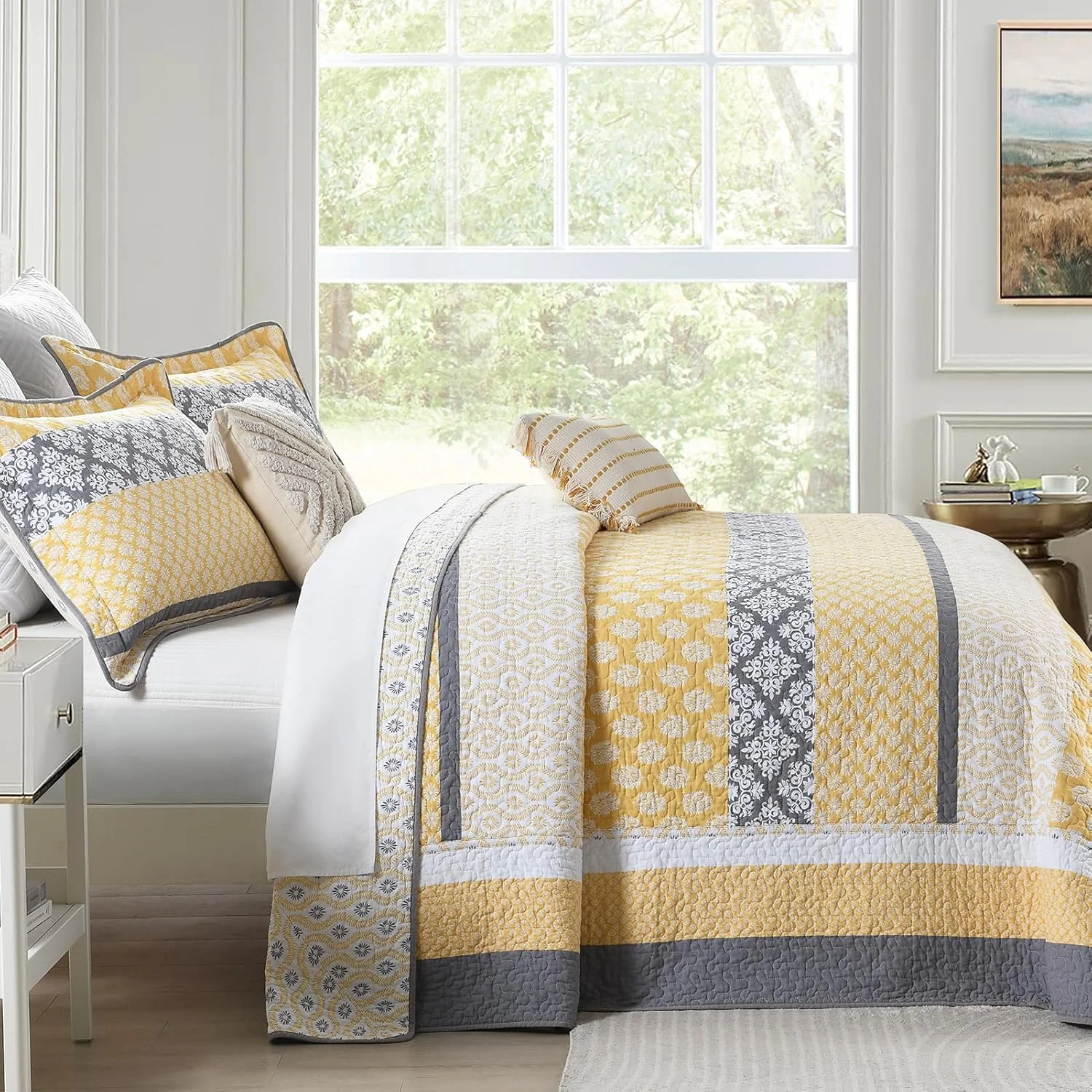 رو تختی بزرگ پنکوشان، 325x305 سانتی متر، 100% پنبه، مناسب تخت کالیفرنیا کینگ، لحاف بزرگ و سبک، زرد/خاکستری