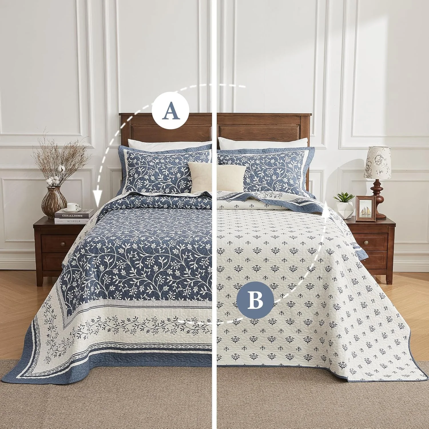 PANGUSHAN 128"×120" 100% Cotton Oversized Bedspread, California King Bedspread Reversible Floral Farmhouse XL Oversized Quilt Coverlet Bedding Set Lightweight Comforter, Grayish-Blue