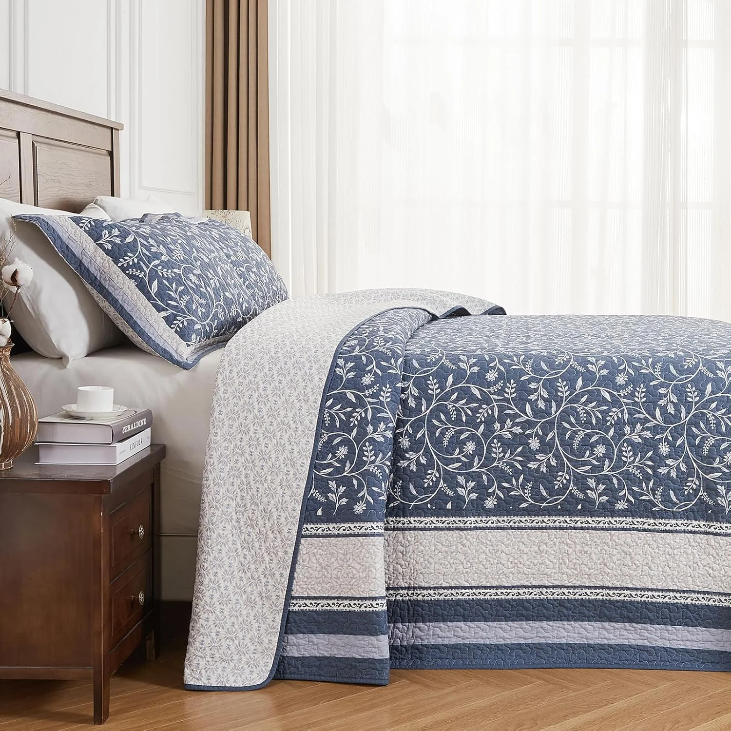 روتختی بزرگ پنکوشان، 3 تکه، 325x305 سانتی متر، 100% پنبه، مناسب تخت کالیفرنیا کینگ، طرح گل و گیاه برگردان، سبک خانه روستایی، لحاف و روتختی سبک وزن، آبی-خاکستری