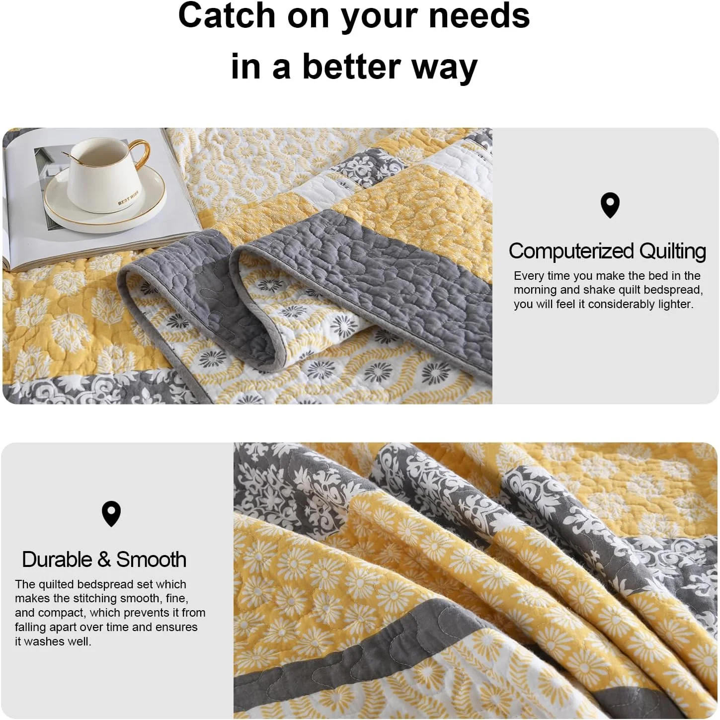 رو تختی بزرگ پنکوشان، 325x305 سانتی متر، 100% پنبه، مناسب تخت کالیفرنیا کینگ، لحاف بزرگ و سبک، زرد/خاکستری