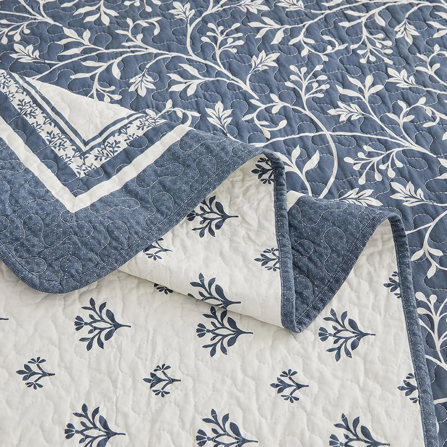 PANGUSHAN 128"×120" 100% Cotton Oversized Bedspread, California King Bedspread Reversible Floral Farmhouse XL Oversized Quilt Coverlet Bedding Set Lightweight Comforter, Grayish-Blue