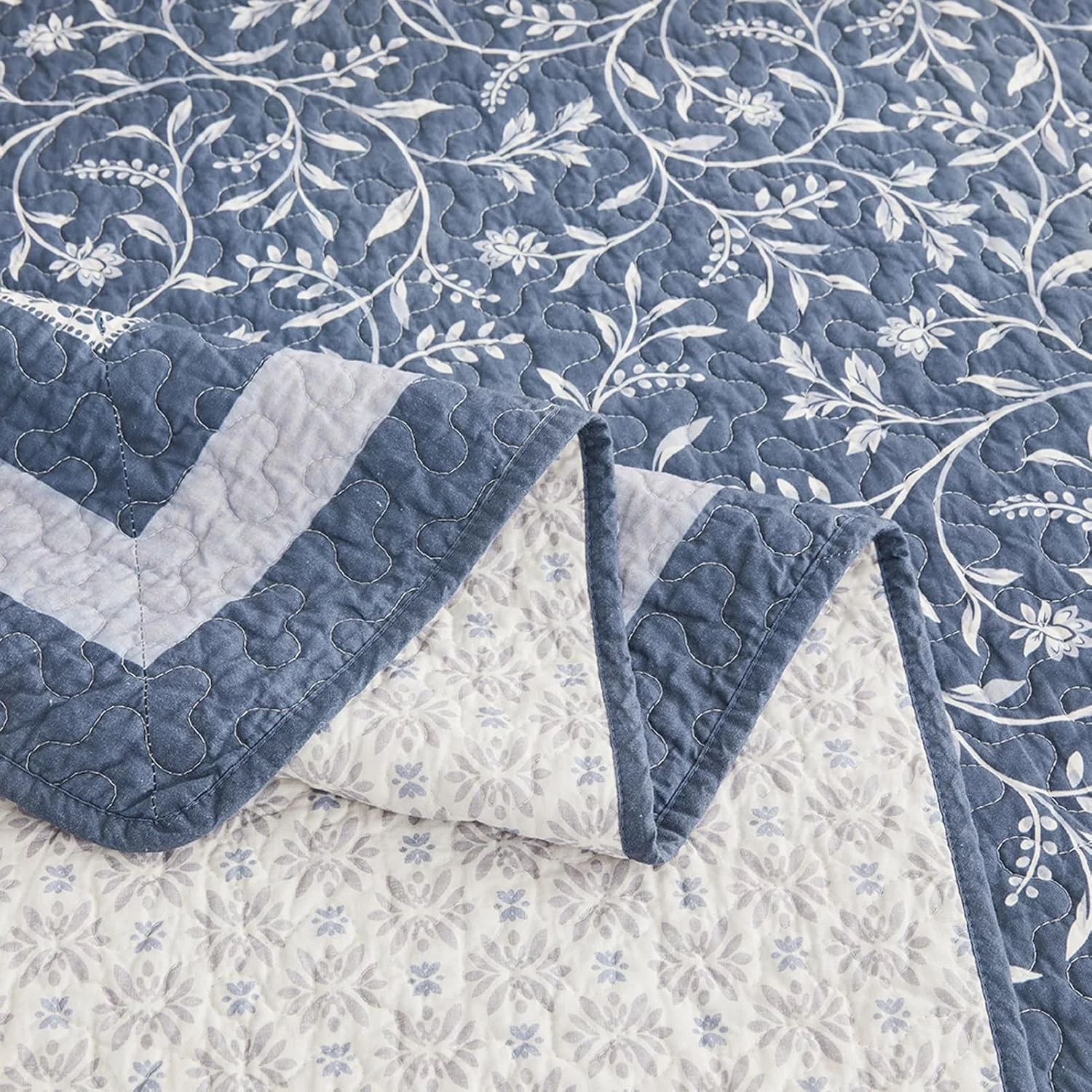 روتختی بزرگ پنکوشان، 3 تکه، 325x305 سانتی متر، 100% پنبه، مناسب تخت کالیفرنیا کینگ، طرح گل و گیاه برگردان، سبک خانه روستایی، لحاف و روتختی سبک وزن، آبی-خاکستری