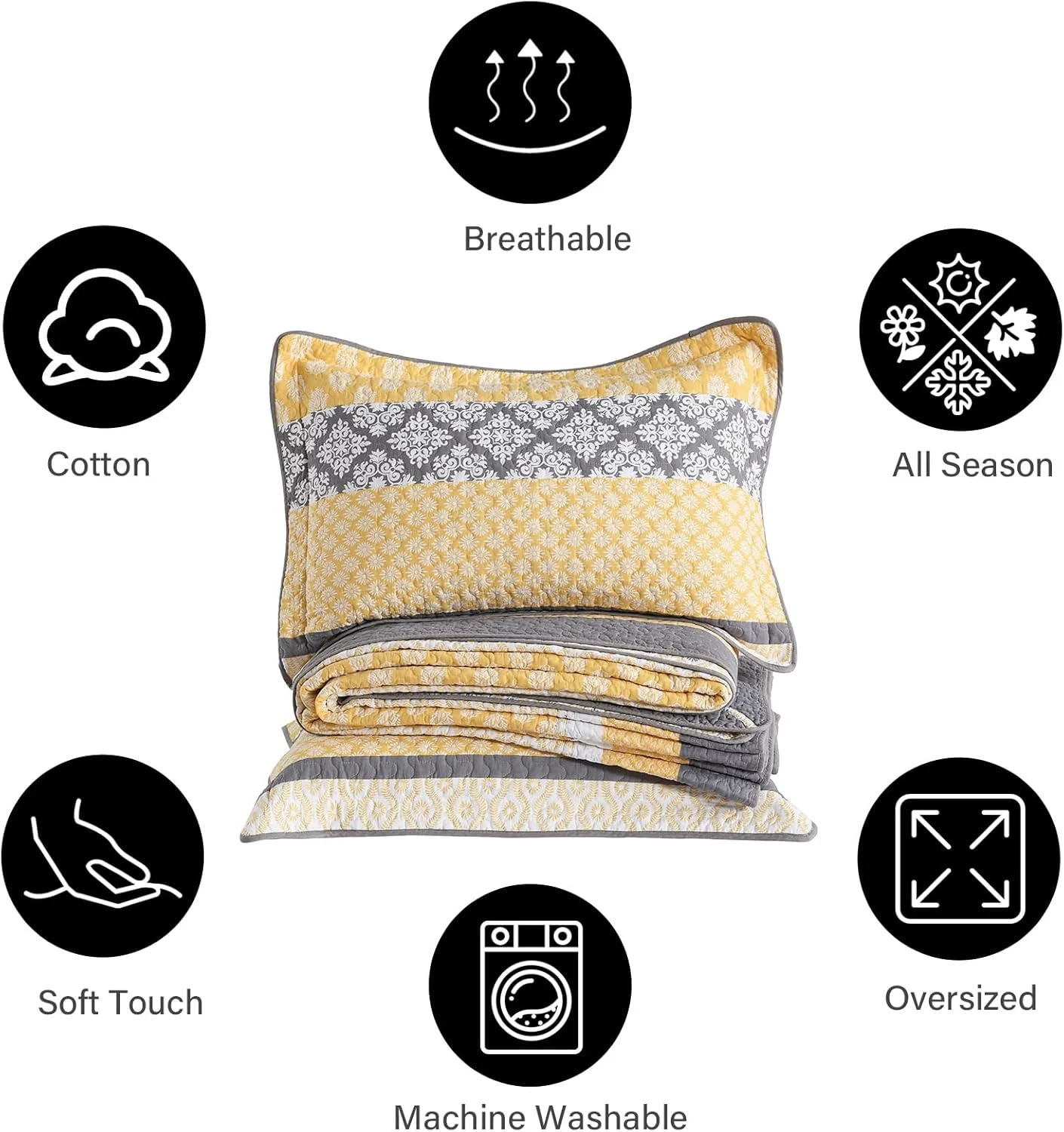 رو تختی بزرگ پنکوشان، 325x305 سانتی متر، 100% پنبه، مناسب تخت کالیفرنیا کینگ، لحاف بزرگ و سبک، زرد/خاکستری