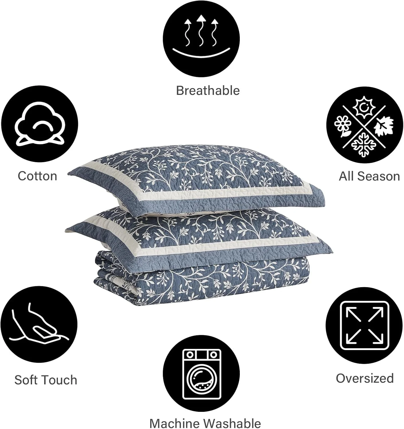 PANGUSHAN 128"×120" 100% Cotton Oversized Bedspread, California King Bedspread Reversible Floral Farmhouse XL Oversized Quilt Coverlet Bedding Set Lightweight Comforter, Grayish-Blue