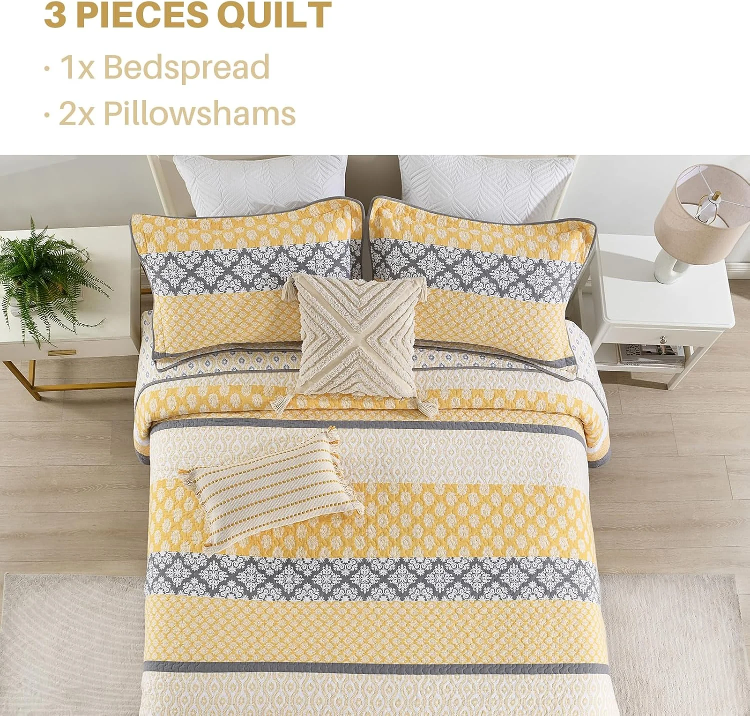 رو تختی بزرگ پنکوشان، 325x305 سانتی متر، 100% پنبه، مناسب تخت کالیفرنیا کینگ، لحاف بزرگ و سبک، زرد/خاکستری