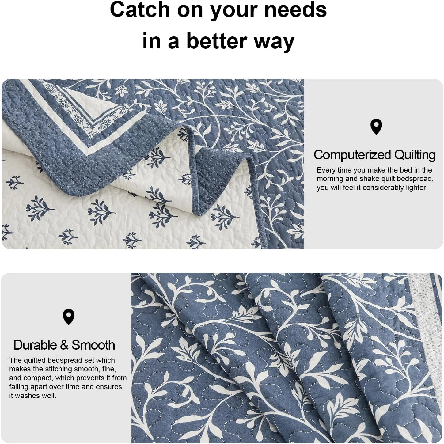 PANGUSHAN 128"×120" 100% Cotton Oversized Bedspread, California King Bedspread Reversible Floral Farmhouse XL Oversized Quilt Coverlet Bedding Set Lightweight Comforter, Grayish-Blue