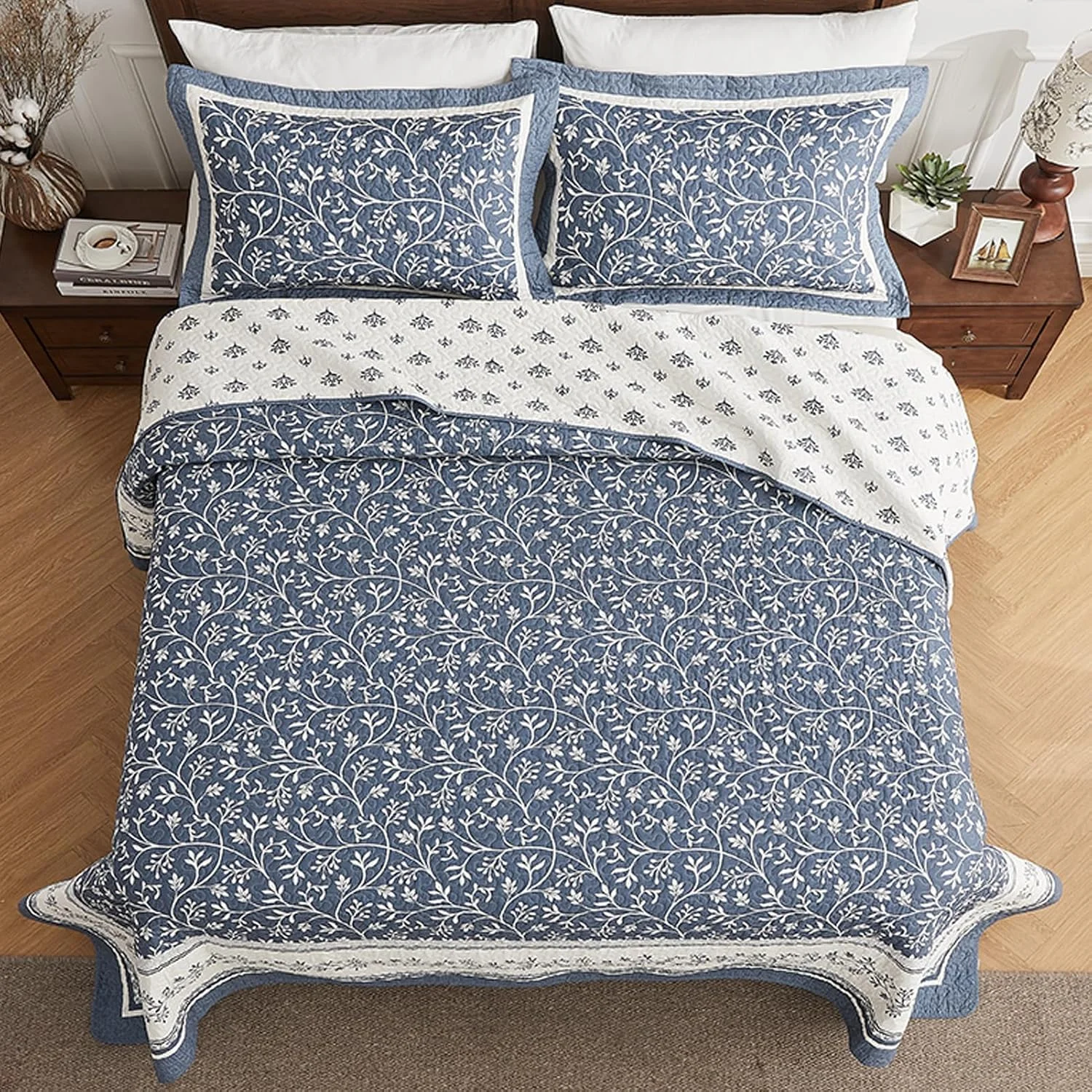 PANGUSHAN 128"×120" 100% Cotton Oversized Bedspread, California King Bedspread Reversible Floral Farmhouse XL Oversized Quilt Coverlet Bedding Set Lightweight Comforter, Grayish-Blue