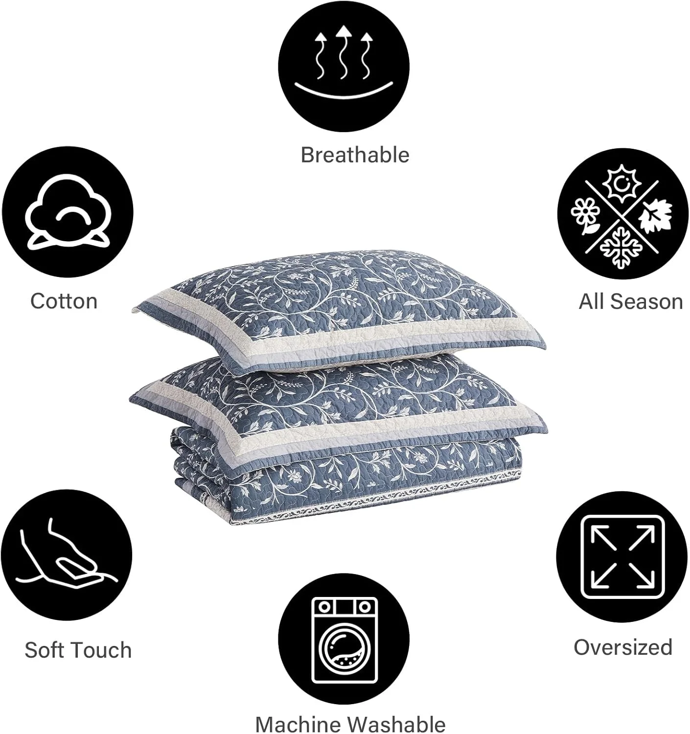 روتختی بزرگ پنکوشان، 3 تکه، 325x305 سانتی متر، 100% پنبه، مناسب تخت کالیفرنیا کینگ، طرح گل و گیاه برگردان، سبک خانه روستایی، لحاف و روتختی سبک وزن، آبی-خاکستری