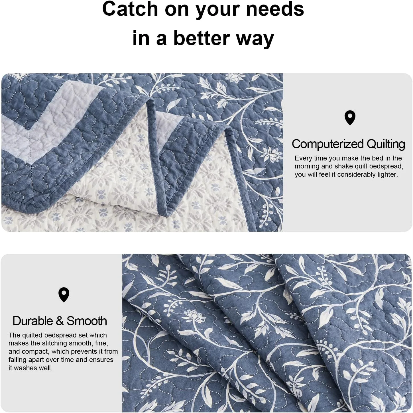 روتختی بزرگ پنکوشان، 3 تکه، 325x305 سانتی متر، 100% پنبه، مناسب تخت کالیفرنیا کینگ، طرح گل و گیاه برگردان، سبک خانه روستایی، لحاف و روتختی سبک وزن، آبی-خاکستری