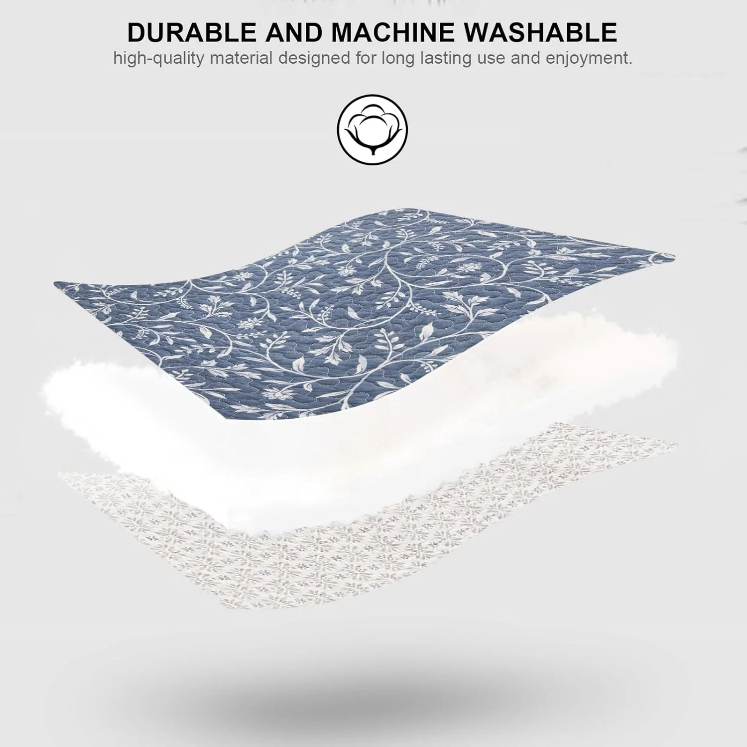 روتختی بزرگ پنکوشان، 3 تکه، 325x305 سانتی متر، 100% پنبه، مناسب تخت کالیفرنیا کینگ، طرح گل و گیاه برگردان، سبک خانه روستایی، لحاف و روتختی سبک وزن، آبی-خاکستری