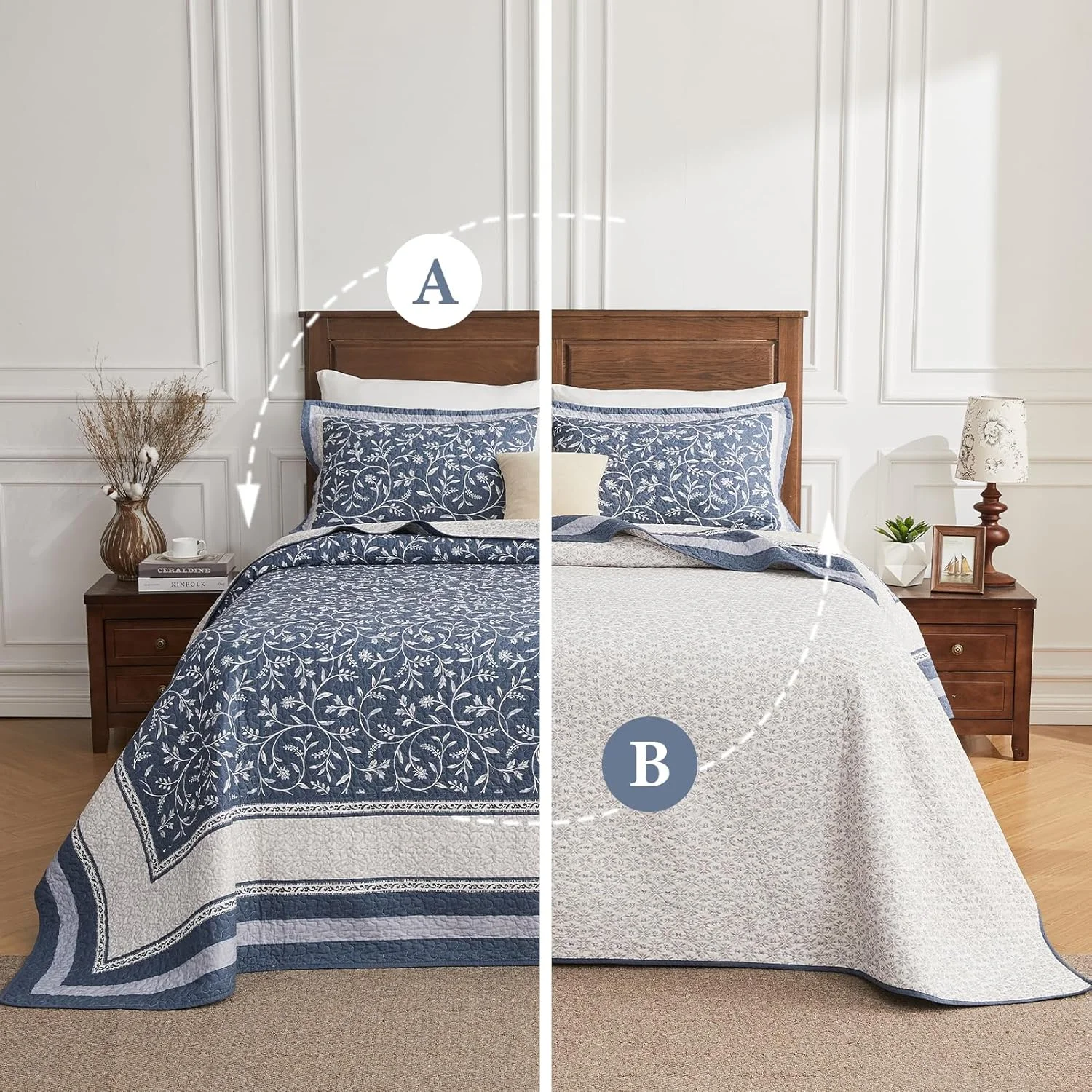 روتختی بزرگ پنکوشان، 3 تکه، 325x305 سانتی متر، 100% پنبه، مناسب تخت کالیفرنیا کینگ، طرح گل و گیاه برگردان، سبک خانه روستایی، لحاف و روتختی سبک وزن، آبی-خاکستری
