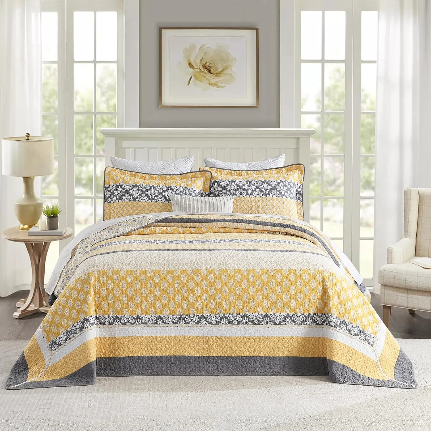 رو تختی بزرگ پنکوشان، 325x305 سانتی متر، 100% پنبه، مناسب تخت کالیفرنیا کینگ، لحاف بزرگ و سبک، زرد/خاکستری