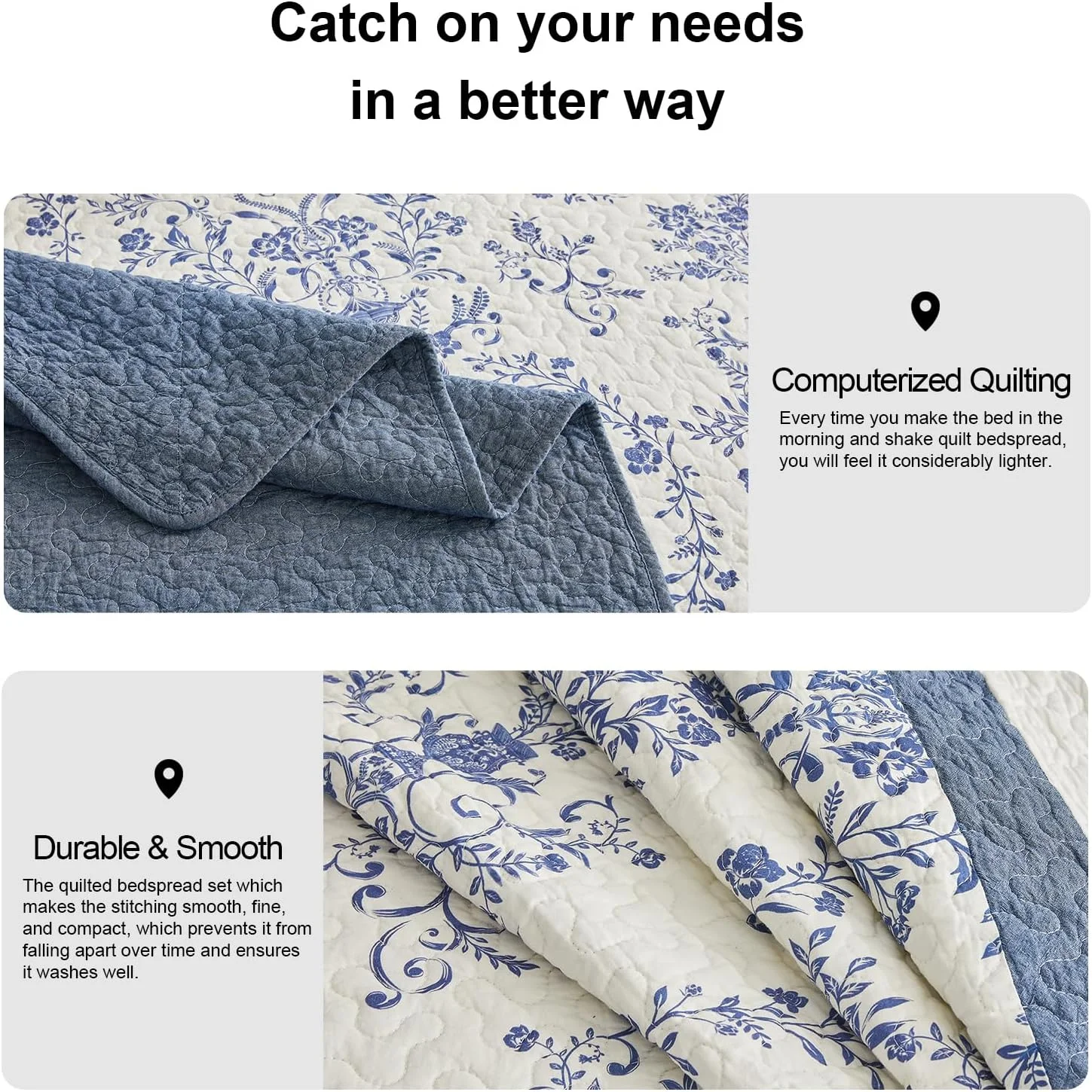 روتختی بزرگ پنکوشان 305×305 سانتی‌متر، 100% پنبه، مناسب تخت کالیفرنیا کینگ، طرح گل و بته معکوس، مناسب خانه روستایی، ست ملحفه لحافی بزرگ و سبک وزن، آبی سرمه‌ای