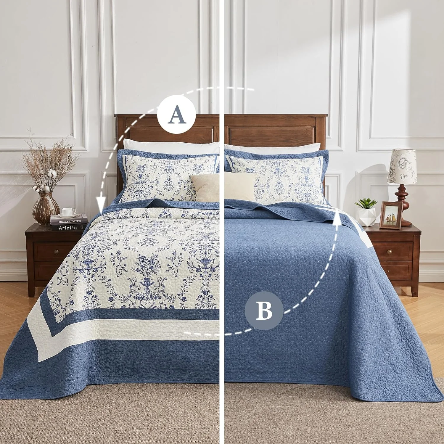 روتختی بزرگ پنکوشان 305×305 سانتی‌متر، 100% پنبه، مناسب تخت کالیفرنیا کینگ، طرح گل و بته معکوس، مناسب خانه روستایی، ست ملحفه لحافی بزرگ و سبک وزن، آبی سرمه‌ای