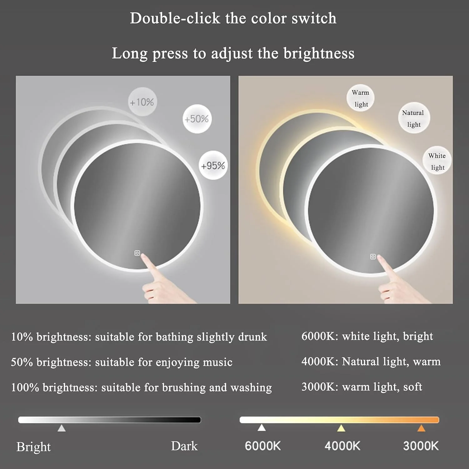 آینه حمام LED با کلید لمسی، آینه دیواری، نورهای قابل تنظیم زرد/سفید گرم/طبیعی ضد بخار آینه گرد برای حمام، روشنایی قابل تنظیم آینه حمام LED با کلید لمسی، آینه دیواری، نورهای قابل تنظیم زرد/سفید گرم/طبیعی ضد بخار آینه گرد برای حمام، روشنایی قابل تنظیم