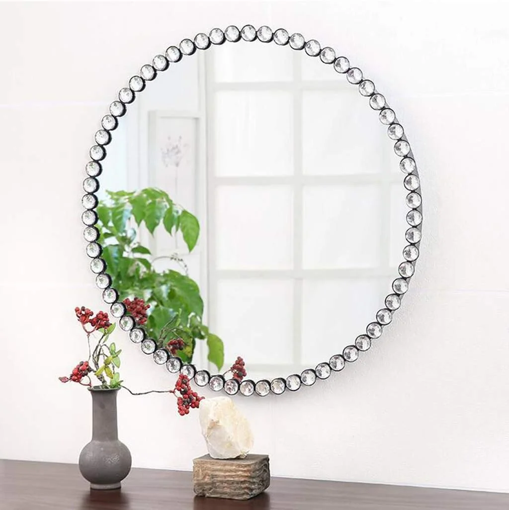 آینه دیواری گرد فلزی مناسب حمام، آینه تزئینی بزرگ برای میز آرایش با کریستال اکریلیک، آینه اصلاح/آرایش مشکی شیک برای حمام، اتاق نشیمن، اتاق پرو آینه دیواری گرد فلزی مناسب حمام، آینه تزئینی بزرگ برای میز آرایش با کریستال اکریلیک، آینه اصلاح/آرایش مشکی شیک برای حمام، اتاق نشیمن، اتاق پرو