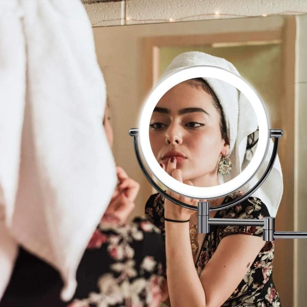 آینه آرایشی دیواری حمام، آینه آرایشی دو طرفه با نور چرخان 360 درجه، آینه زیبایی تاشو با شکل گرد و قابلیت افزایش طول، مسی عتیقه (مسی عتیقه) آینه آرایشی دیواری حمام، آینه آرایشی دو طرفه با نور چرخان 360 درجه، آینه زیبایی تاشو با شکل گرد و قابلیت افزایش طول، مسی عتیقه (مسی عتیقه)