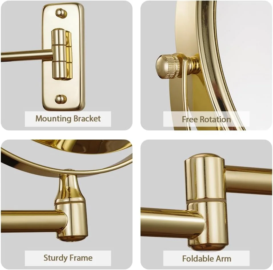 آینه آرایشی دو طرفه دیواری Cerdeco با روکش طلایی، بزرگنمایی 5 برابر، چرخش 360 درجه، تاشو و قابل تنظیم، قطر 8 اینچ