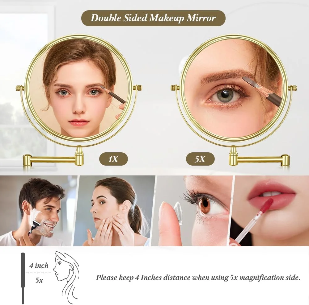 آینه آرایشی دو طرفه دیواری Cerdeco با روکش طلایی، بزرگنمایی 5 برابر، چرخش 360 درجه، تاشو و قابل تنظیم، قطر 8 اینچ
