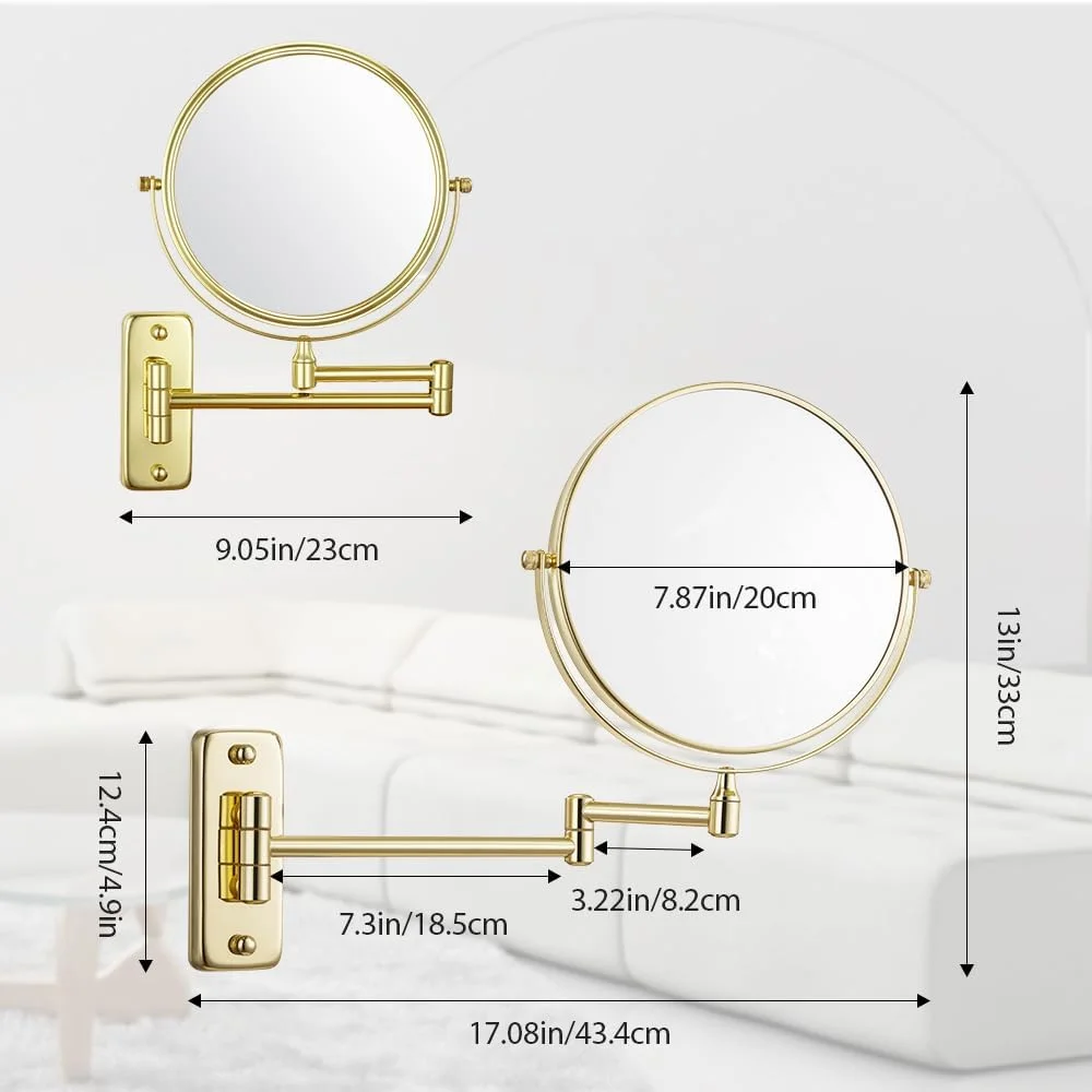 آینه آرایشی دو طرفه دیواری Cerdeco با روکش طلایی، بزرگنمایی 5 برابر، چرخش 360 درجه، تاشو و قابل تنظیم، قطر 8 اینچ