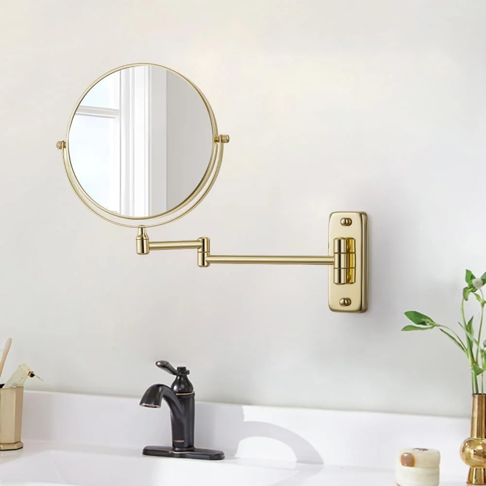 آینه آرایشی دو طرفه دیواری Cerdeco با روکش طلایی، بزرگنمایی 5 برابر، چرخش 360 درجه، تاشو و قابل تنظیم، قطر 8 اینچ