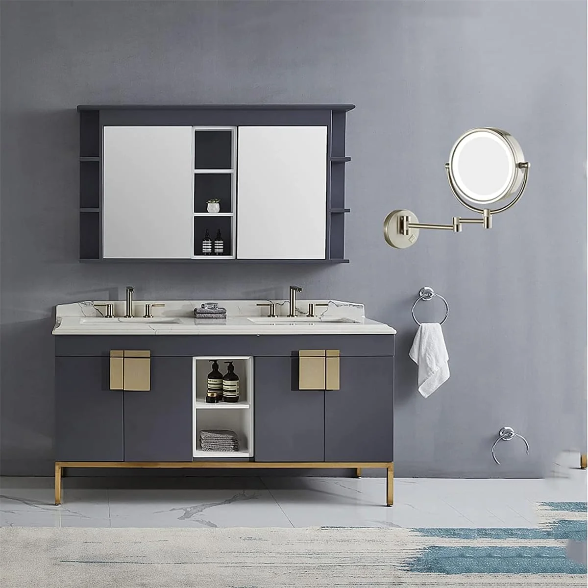 آینه آرایشی CAFDTGERC با چراغ، آینه دیواری با قابلیت چرخش 360 درجه، بزرگنمایی با نور، مناسب برای اصلاح صورت در حمام، هتل، نیکل برس خورده آینه آرایشی CAFDTGERC با چراغ، آینه دیواری با قابلیت چرخش 360 درجه، بزرگنمایی با نور، مناسب برای اصلاح صورت در حمام، هتل، نیکل برس خورده