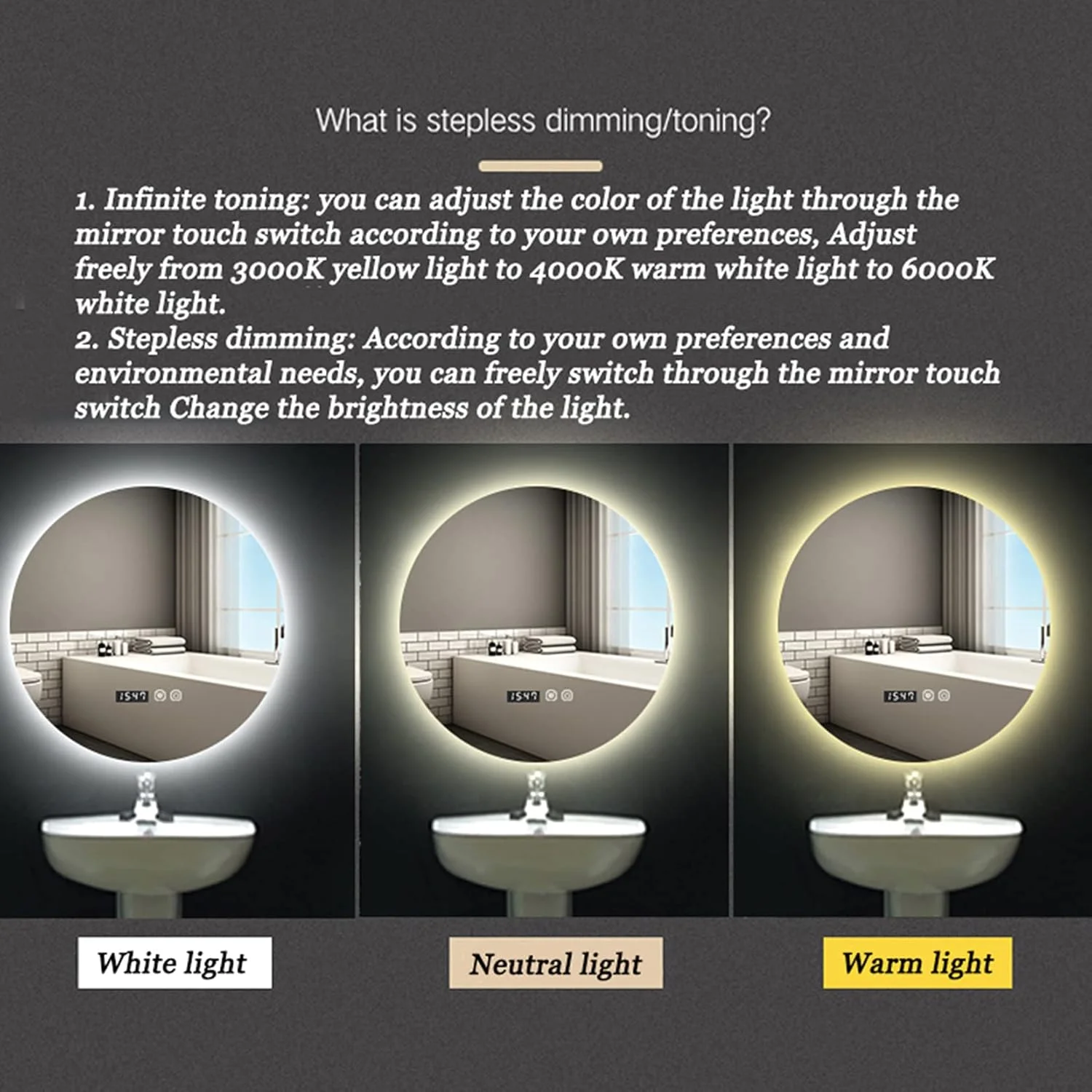 آینه حمام LED GLEOOJC با کلید حسگر نور، دیمستر کلید لمسی نور LED، آینه بزرگ روشویی با دکمه لمسی، 3 رنگ LED قابل تنظیم، روشویی بدون قاب ضد مه، M,B-70cm/27.5in آینه حمام LED GLEOOJC با کلید حسگر نور، دیمستر کلید لمسی نور LED، آینه بزرگ روشویی با دکمه لمسی، 3 رنگ LED قابل تنظیم، روشویی بدون قاب ضد مه، M,B-70cm/27.5in