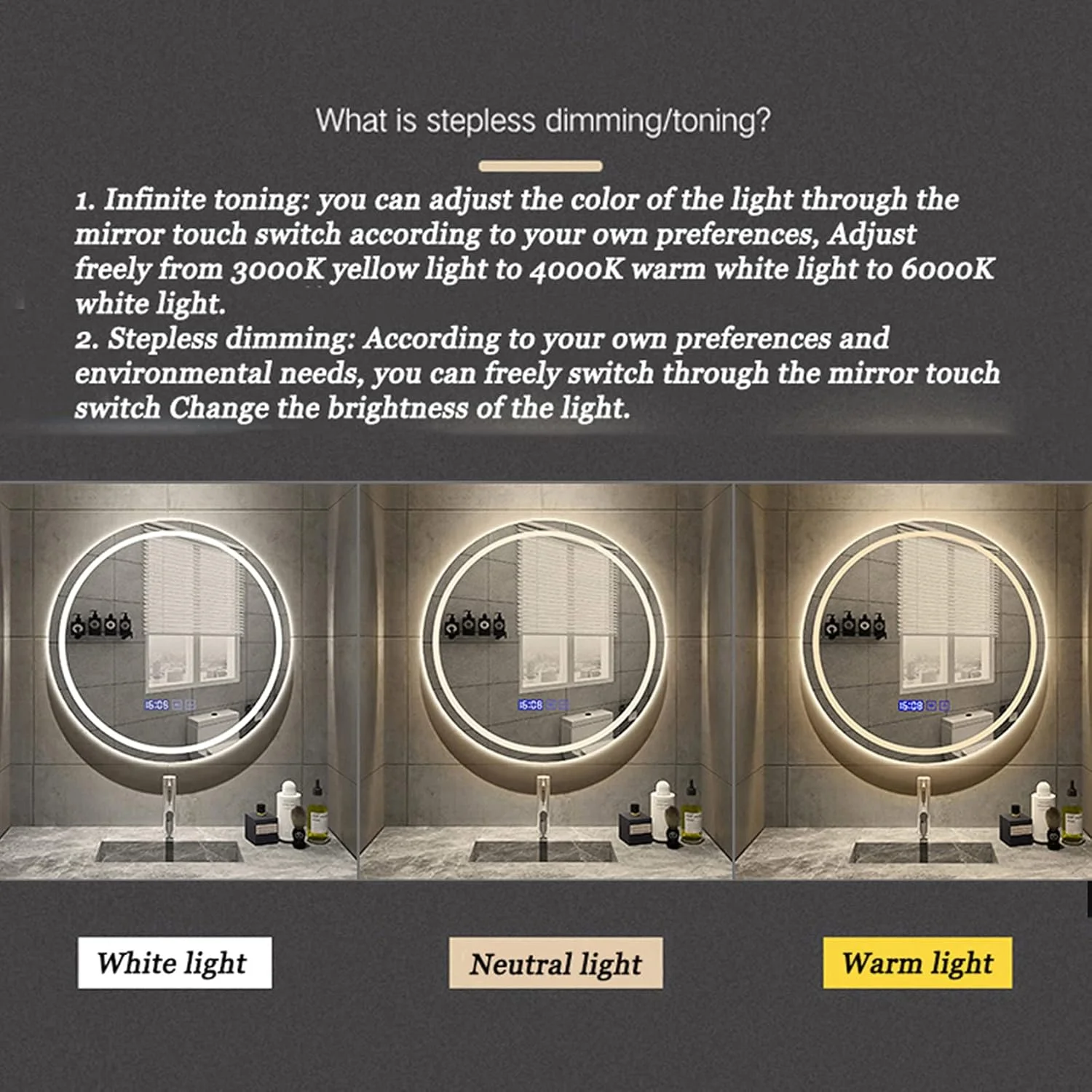 آینه دیواری حمام GLEOOJC با نور LED، ضد بخار، با دکمه لمسی دیمر و چراغ های رنگی قابل تنظیم، 3 رنگ LED قابل تنظیم، آینه حمام با چراغ، 50 سانتی متر / 60 سانتی متر، نور گرم - 80 سانتی متر / 31.5 اینچ