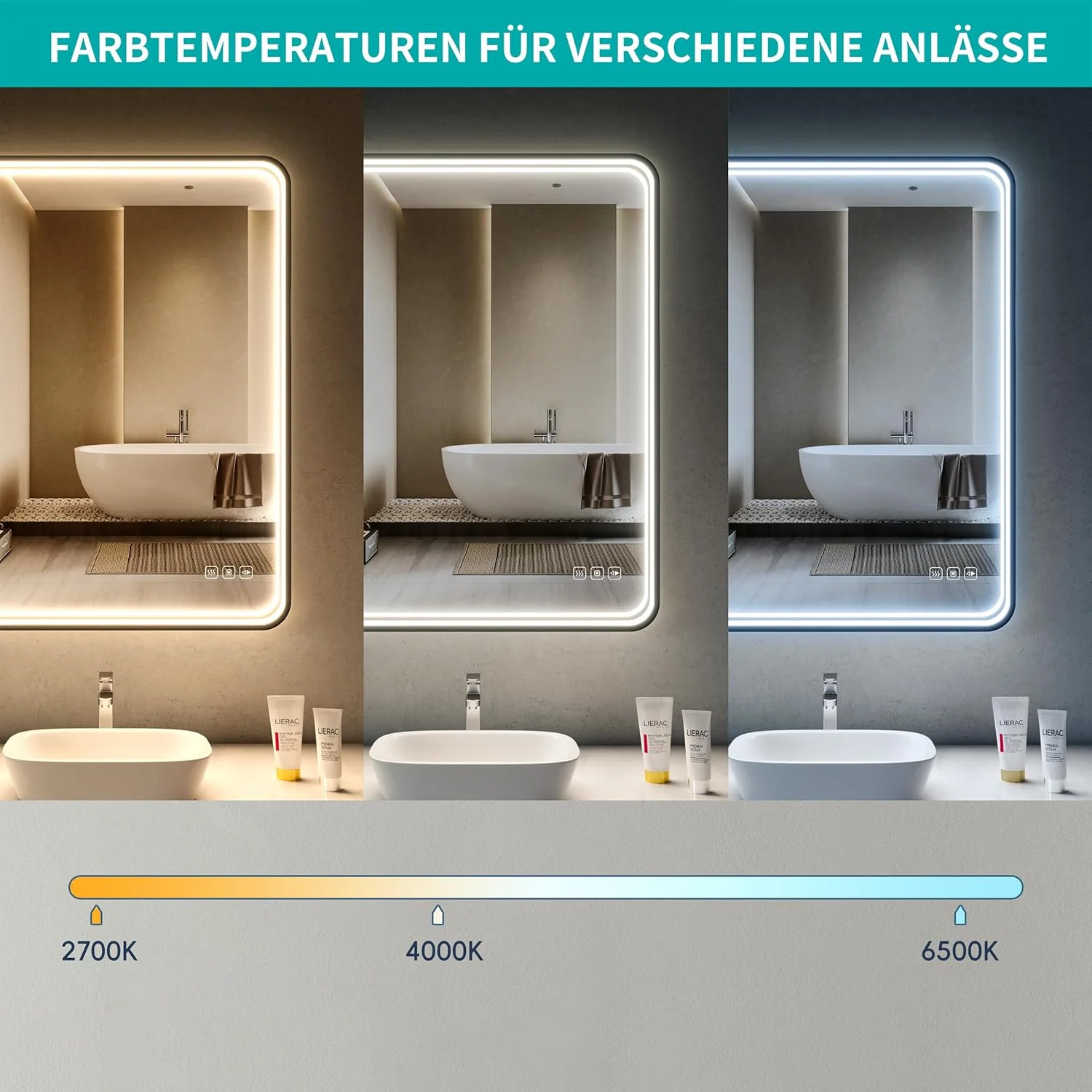 آینه حمام ال ای دی lichtvoll ابعاد 60 در 80 سانتی متر با نورپردازی جلویی، 3 رنگ نور قابل تنظیم، کلید لمسی، ضد بخار و عملکرد حافظه، قاب آلومینیومی مشکی، قابلیت نصب عمودی و افقی آینه حمام ال ای دی lichtvoll ابعاد 60 در 80 سانتی متر با نورپردازی جلویی، 3 رنگ نور قابل تنظیم، کلید لمسی، ضد بخار و عملکرد حافظه، قاب آلومینیومی مشکی، قابلیت نصب عمودی و افقی