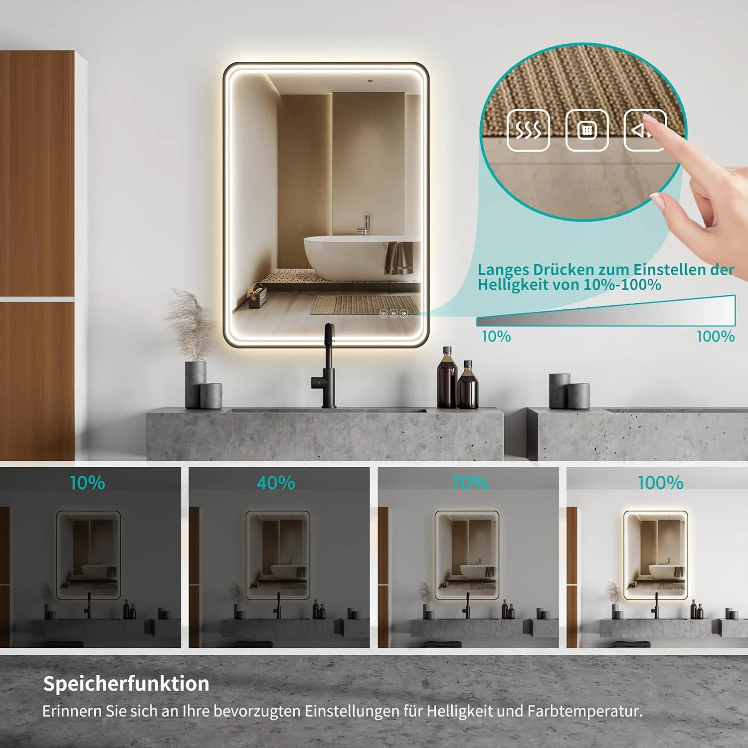 آینه حمام ال ای دی lichtvoll ابعاد 60 در 80 سانتی متر با نورپردازی جلویی، 3 رنگ نور قابل تنظیم، کلید لمسی، ضد بخار و عملکرد حافظه، قاب آلومینیومی مشکی، قابلیت نصب عمودی و افقی آینه حمام ال ای دی lichtvoll ابعاد 60 در 80 سانتی متر با نورپردازی جلویی، 3 رنگ نور قابل تنظیم، کلید لمسی، ضد بخار و عملکرد حافظه، قاب آلومینیومی مشکی، قابلیت نصب عمودی و افقی