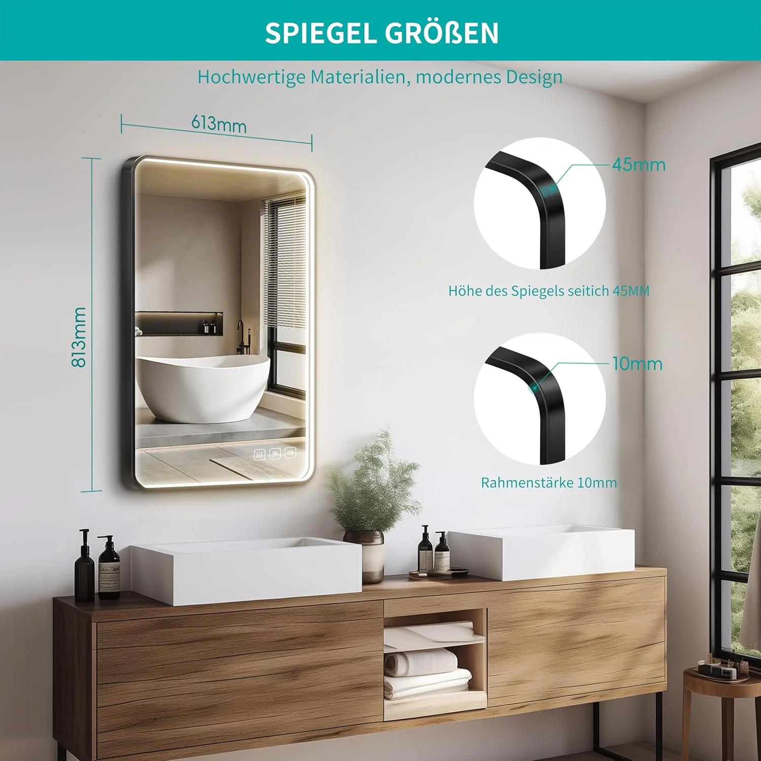 آینه حمام ال ای دی lichtvoll ابعاد 60 در 80 سانتی متر با نورپردازی جلویی، 3 رنگ نور قابل تنظیم، کلید لمسی، ضد بخار و عملکرد حافظه، قاب آلومینیومی مشکی، قابلیت نصب عمودی و افقی آینه حمام ال ای دی lichtvoll ابعاد 60 در 80 سانتی متر با نورپردازی جلویی، 3 رنگ نور قابل تنظیم، کلید لمسی، ضد بخار و عملکرد حافظه، قاب آلومینیومی مشکی، قابلیت نصب عمودی و افقی