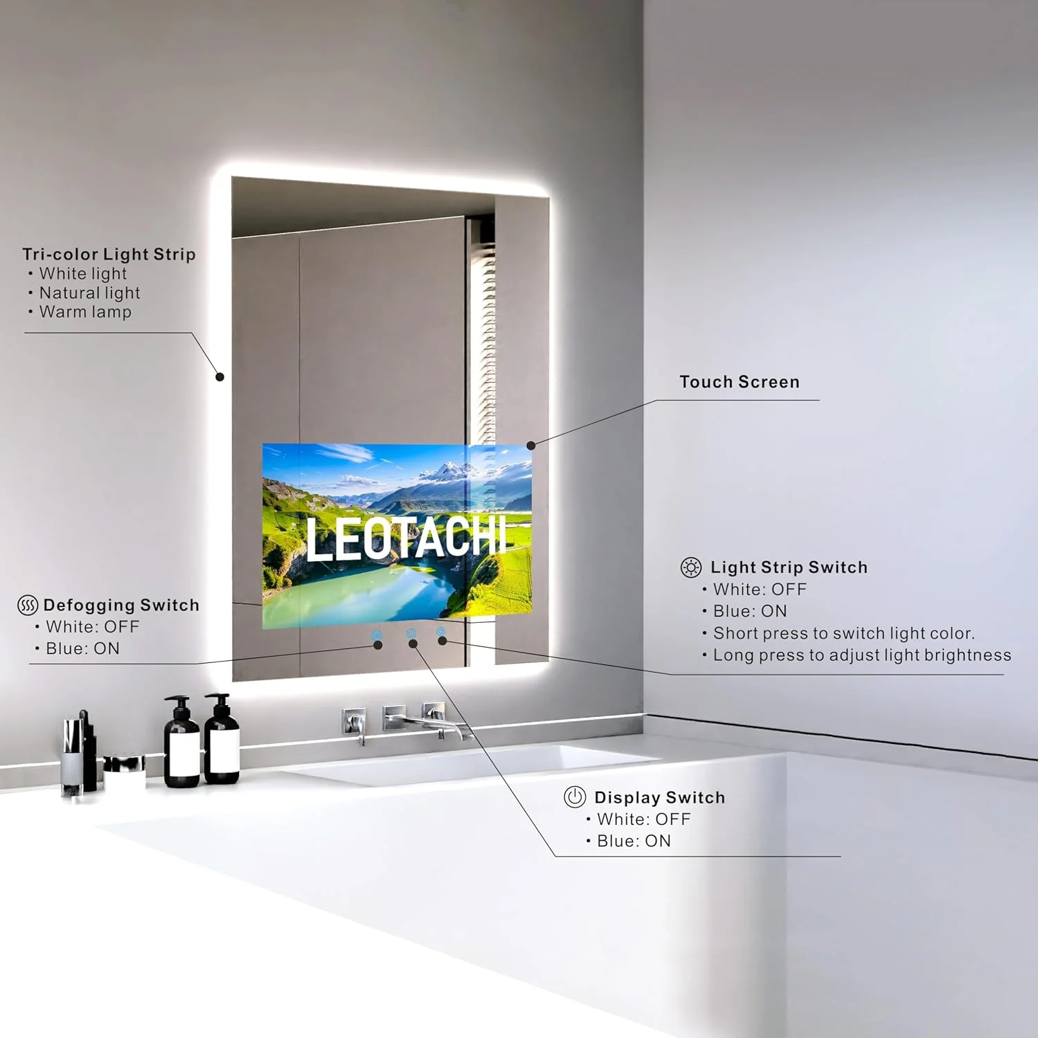 آینه هوشمند حمام Leotachi با ابعاد 84x58 سانتیمتر، دارای صفحه نمایش لمسی 21.5 اینچی، نورپردازی قابل تنظیم با 3 حالت رنگ، ضد بخار، بلوتوث، قابلیت پخش و نمایش پیشبینی آب و هوا آینه هوشمند حمام Leotachi با ابعاد 84x58 سانتیمتر، دارای صفحه نمایش لمسی 21.5 اینچی، نورپردازی قابل تنظیم با 3 حالت رنگ، ضد بخار، بلوتوث، قابلیت پخش و نمایش پیشبینی آب و هوا