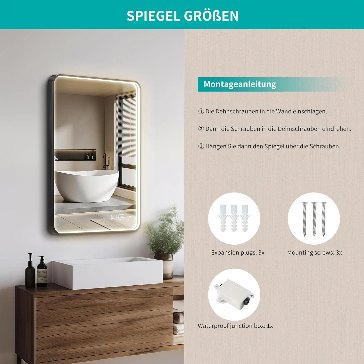 آینه حمام ال ای دی lichtvoll ابعاد 60 در 80 سانتی متر با نورپردازی جلویی، 3 رنگ نور قابل تنظیم، کلید لمسی، ضد بخار و عملکرد حافظه، قاب آلومینیومی مشکی، قابلیت نصب عمودی و افقی آینه حمام ال ای دی lichtvoll ابعاد 60 در 80 سانتی متر با نورپردازی جلویی، 3 رنگ نور قابل تنظیم، کلید لمسی، ضد بخار و عملکرد حافظه، قاب آلومینیومی مشکی، قابلیت نصب عمودی و افقی