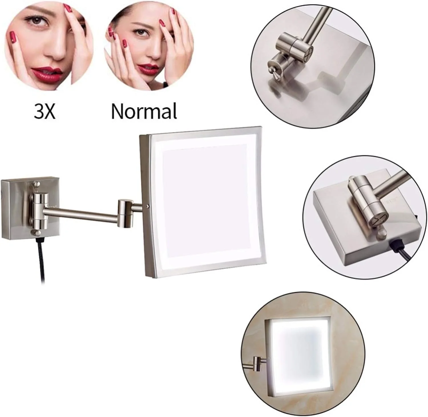 آینه آرایشی LED، آینه آرایشی بزرگنمایی برنجی 8 اینچی، آینه اصلاح دیواری حمام، آینه چرخان 360 درجه و قابل افزایش با دوشاخه، کروم، 3X LEOWE آینه آرایشی LED، آینه آرایشی بزرگنمایی برنجی 8 اینچی، آینه اصلاح دیواری حمام، آینه چرخان 360 درجه و قابل افزایش با دوشاخه، کروم، 3X LEOWE