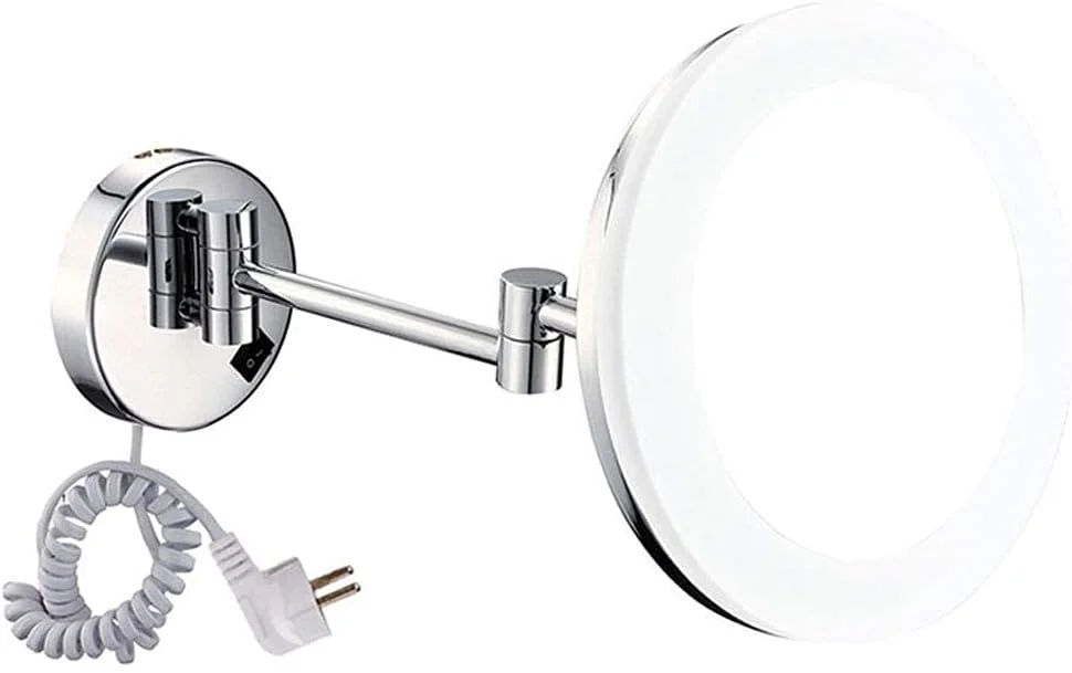 آینه آرایشی دیواری 8 اینچی، آینه اصلاح صورت، آینه حمام لوکس با نور LED، با قابلیت تنظیم و بزرگنمایی 10 برابر