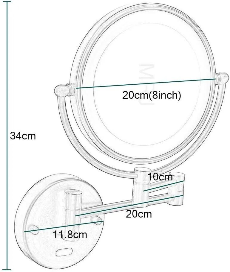 آینه آرایشی بهداشتی حسگر دار دیواری، آینه اصلاح لوکس حمام با نور LED برای روشویی هتل با قابلیت تنظیم و بزرگنمایی 5 برابر 8 اینچی