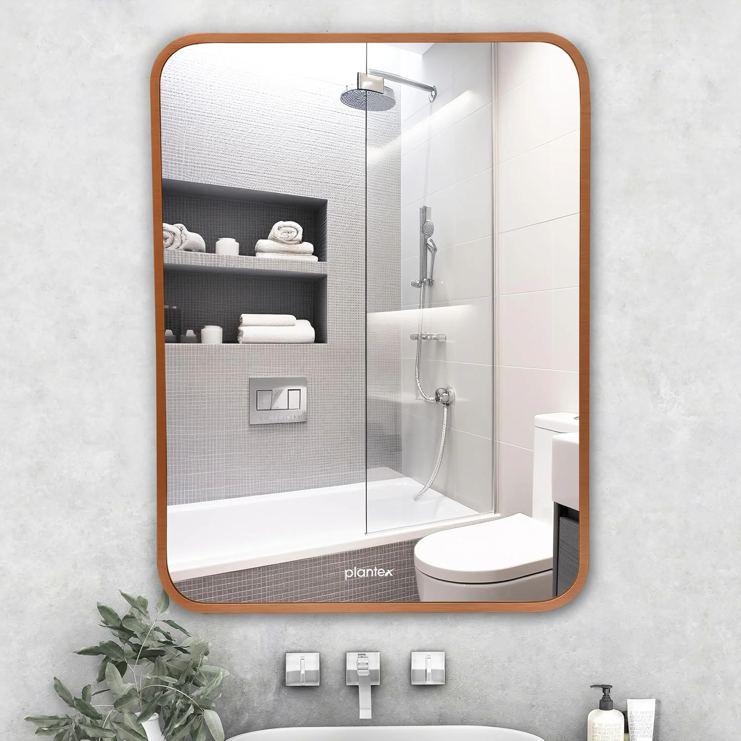 آینه قاب دار آلومینیومی مدرن Plantex با روکش برس خورده برای دیوار/آینه حمام/آینه روشویی/آینه دیواری برای اتاق خواب/اتاق پرو/اتاق نشیمن/شکل مستطیل (45x60 سانتی متر | طلایی)