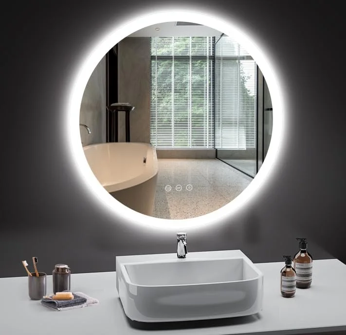 آینه حمام نورپردازی شده PESENSAN، گرد، 60 سانتی متر، آینه حمام با 3 رنگ نور، دیمر دار، ضد بخار، آینه حمام LED با لمس، عملکرد حافظه، آینه حمام، آینه دیواری، گرد