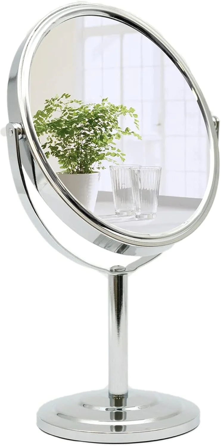 آینه آرایشی رومیزی PINKZIO، دو طرفه بزرگنمایی 1X و 3X با چرخش 360 درجه برای حمام یا اتاق خواب، روکش کروم، نقره ای آینه آرایشی رومیزی PINKZIO، دو طرفه بزرگنمایی 1X و 3X با چرخش 360 درجه برای حمام یا اتاق خواب، روکش کروم، نقره ای