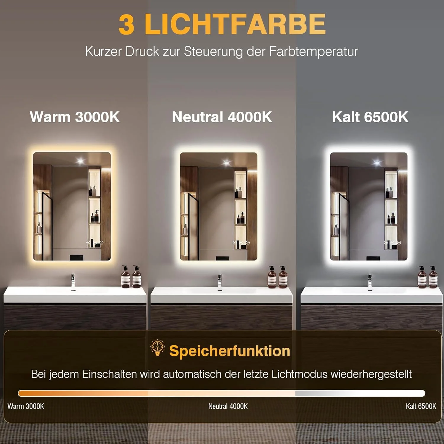 آینه حمام PESENXAN با نورپردازی، آینه حمام LED با نور، ضد مه، 3 رنگ نور، دیمر دار، عملکرد حافظه، کلید لمسی، ضد آب IP44، آینه دیواری LED، آینه حمام، 50 x 70