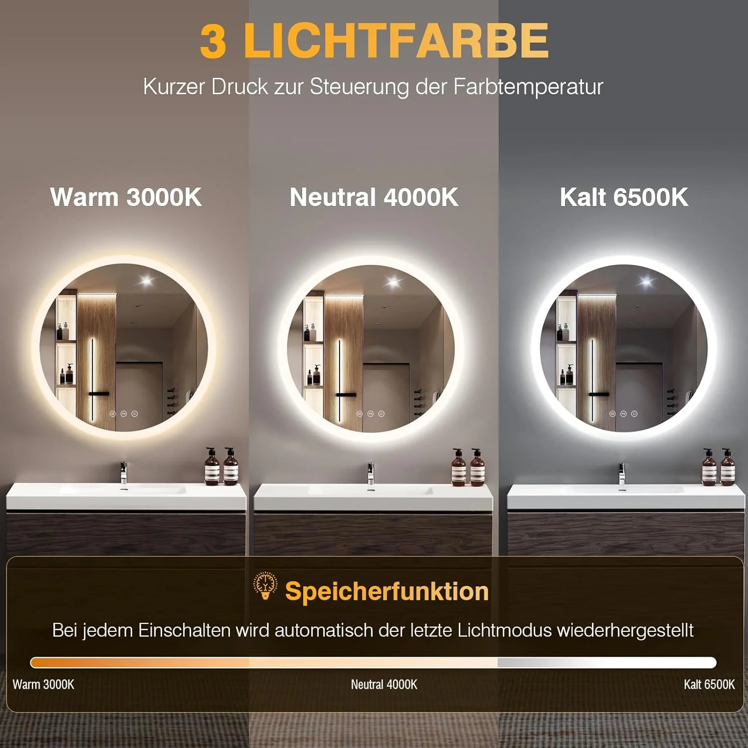 آینه حمام نورپردازی شده PESENSAN، گرد، 60 سانتی متر، آینه حمام با 3 رنگ نور، دیمر دار، ضد بخار، آینه حمام LED با لمس، عملکرد حافظه، آینه حمام، آینه دیواری، گرد آینه حمام نورپردازی شده PESENSAN، گرد، 60 سانتی متر، آینه حمام با 3 رنگ نور، دیمر دار، ضد بخار، آینه حمام LED با لمس، عملکرد حافظه، آینه حمام، آینه دیواری، گرد