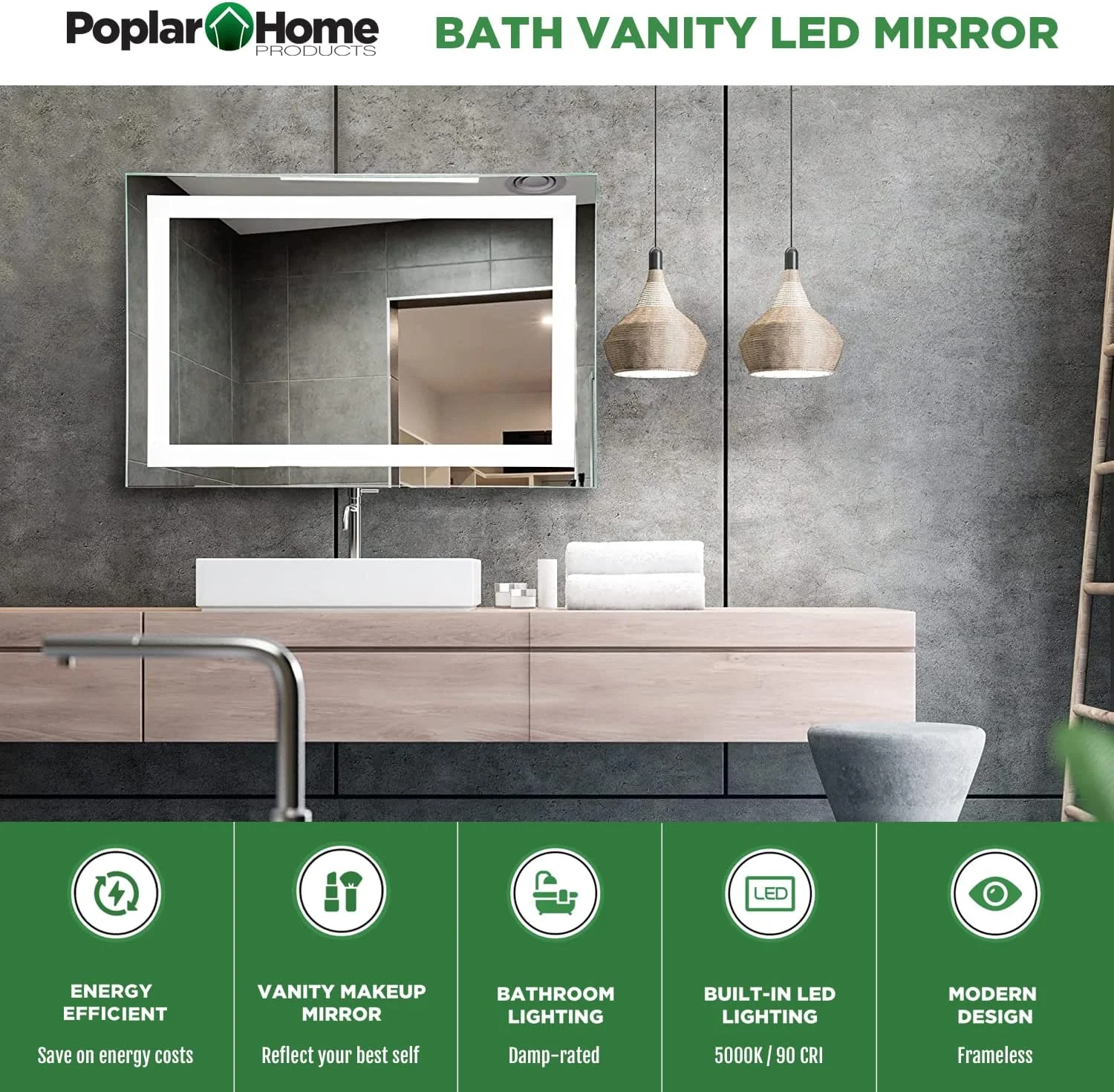 آینه روشویی ال ای دی Poplar Home Products، 91x60 سانتی متر، نصب دیواری، دیمر دار، ضد بخار - طراحی مدرن و بدون قاب آینه روشویی ال ای دی Poplar Home Products، 91x60 سانتی متر، نصب دیواری، دیمر دار، ضد بخار - طراحی مدرن و بدون قاب