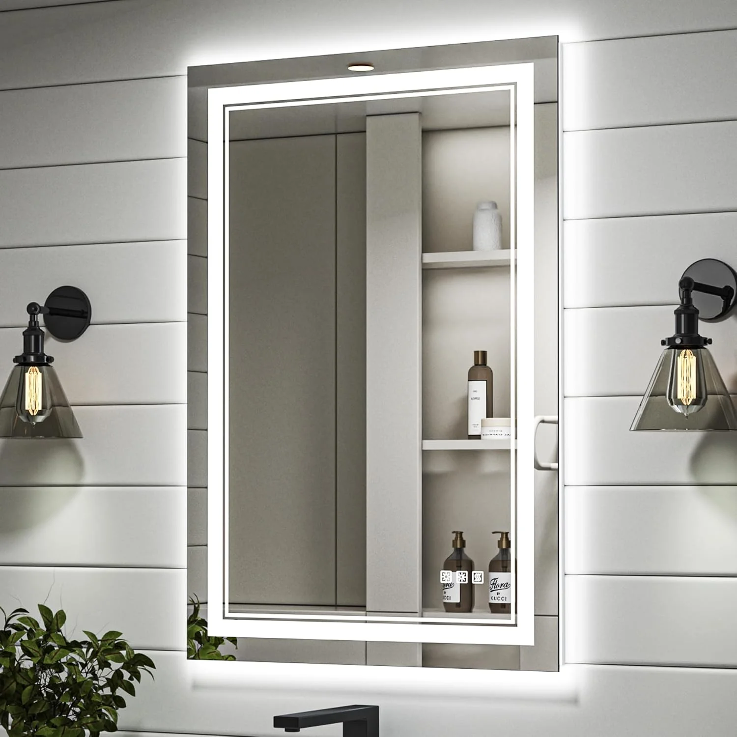 آینه ال ای دی QueenFun برای حمام، 60x90 سانتی متر، نورپردازی جلو و نور پس زمینه، آینه ضد بخار و دیمر دار حمام با چراغ، 3 حالت رنگ و حافظه، آینه روشویی حمام با نور دوگانه و فوق العاده روشن