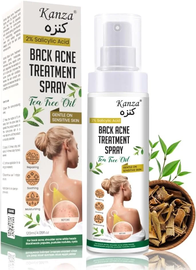 اسپری درمان آکنه پشت کانزا حاوی 2% سالیسیلیک اسید و روغن درخت چای 120 میلی لیتر، اسپری ضد آکنه پشت، محلول آکنه پشت، درمان آکنه برای داشتن پوستی صاف در ناحیه پشت و بدن، اسپری آکنه پشت حاوی روغن طبیعی