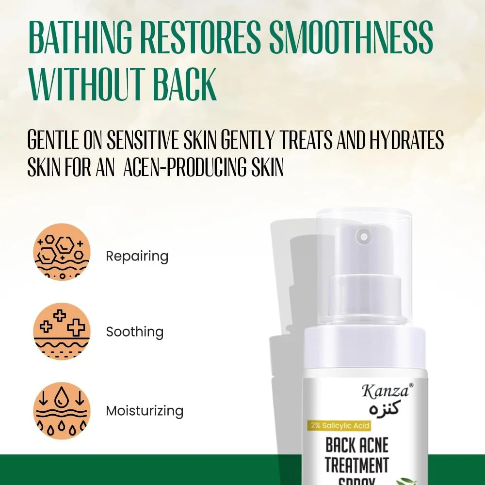 اسپری درمان آکنه پشت کانزا حاوی 2% سالیسیلیک اسید و روغن درخت چای 120 میلی لیتر، اسپری ضد آکنه پشت، محلول آکنه پشت، درمان آکنه برای داشتن پوستی صاف در ناحیه پشت و بدن، اسپری آکنه پشت حاوی روغن طبیعی