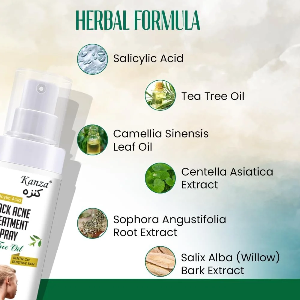 اسپری درمان آکنه پشت کانزا حاوی 2% سالیسیلیک اسید و روغن درخت چای 120 میلی لیتر، اسپری ضد آکنه پشت، محلول آکنه پشت، درمان آکنه برای داشتن پوستی صاف در ناحیه پشت و بدن، اسپری آکنه پشت حاوی روغن طبیعی