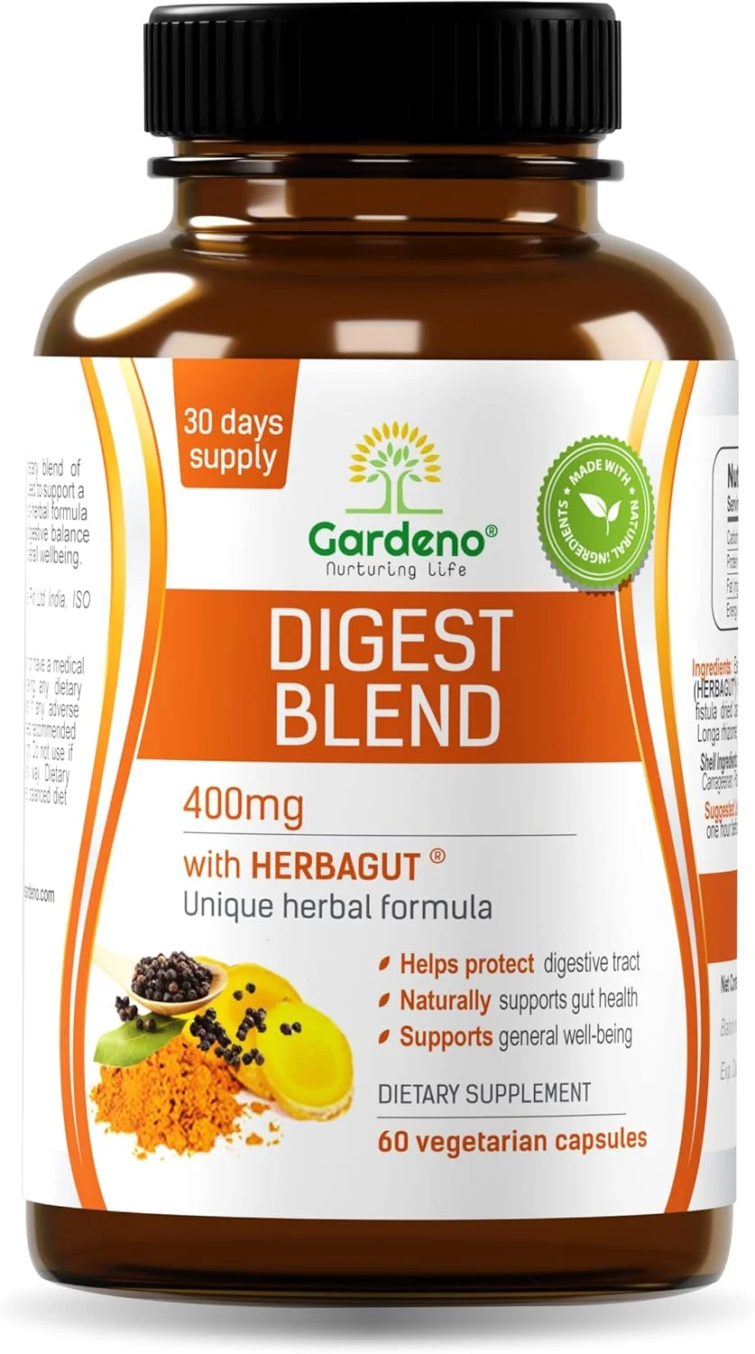 مخلوط تقویت کننده گوارش Gardeno Nurturing Life - بهبود هضم، ضد نفخ، سلامت روده و پشتیبانی از رفلاکس اسید - فرمول گیاهی چند گیاهی وگان - 60 کپسول گیاهی، 400 میلی گرم