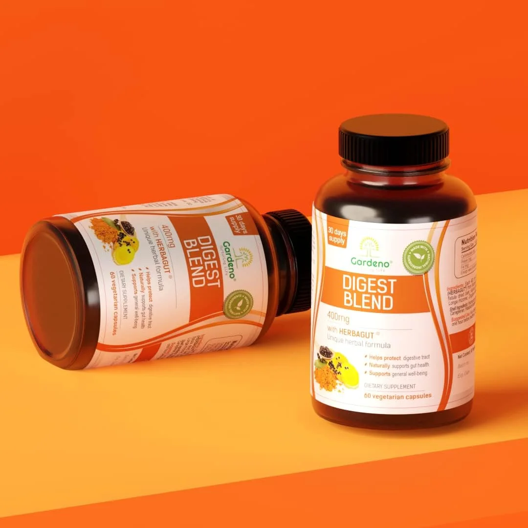 مخلوط تقویت کننده گوارش Gardeno Nurturing Life - بهبود هضم، ضد نفخ، سلامت روده و پشتیبانی از رفلاکس اسید - فرمول گیاهی چند گیاهی وگان - 60 کپسول گیاهی، 400 میلی گرم