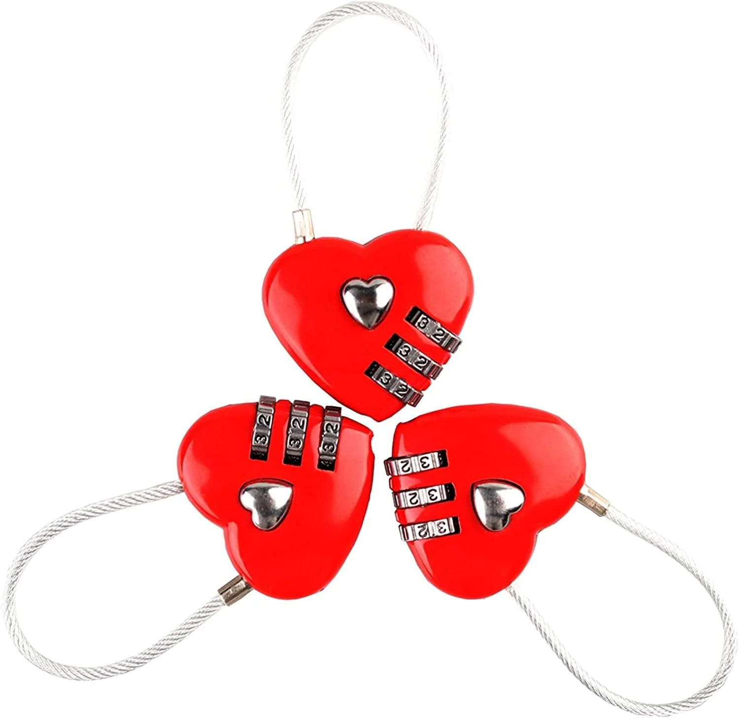 قفل رمزدار قلبی قرمز LIENJAER، قفل رمزدار کوچک، قفل ترکیبی 3 رقمی سیم بکسلی برای کیف مسافرتی/چمدان/کمد/کوله پشتی/جعبه جواهرات، 3 عدد