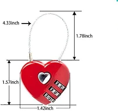 قفل رمزدار قلبی قرمز LIENJAER، قفل رمزدار کوچک، قفل ترکیبی 3 رقمی سیم بکسلی برای کیف مسافرتی/چمدان/کمد/کوله پشتی/جعبه جواهرات، 3 عدد
